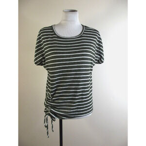 Lavish Women Ruched Side Tie TOP Size LARGE Short Sleeve Green White Stripe NEW